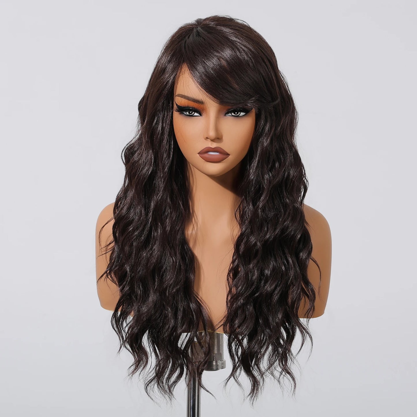 EASIHAIR Dark Brown Long Curly Synthetic Wig with Bangs Brown Women's Wigs for Cosplay Daily Use Heat Resistant Natural Hair