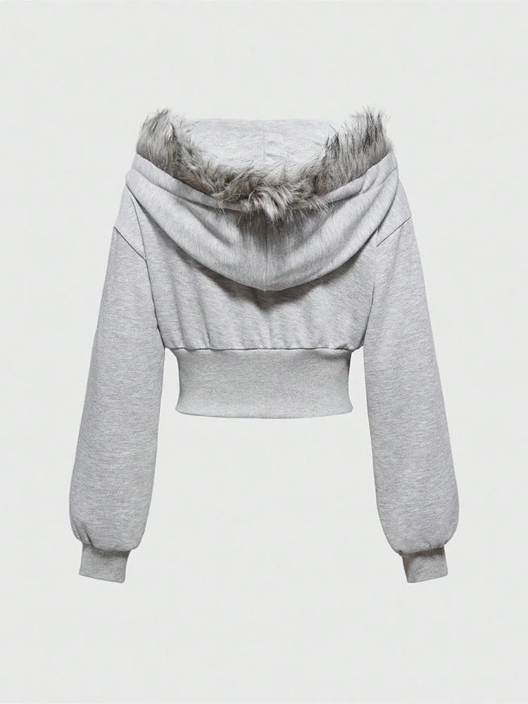 Winter Warm Gothic Print Hoodie Women's Clothin Faux Fur Crop Top Zip-Up Sweatshirt Fashion Y2K Streetwear Hooded Jacket 2026New