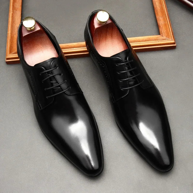 Leather shoes for men, lace up shoes for men, pointy, leather, high-end wedding, dress, Oxford, Lefu shoes, large, British style