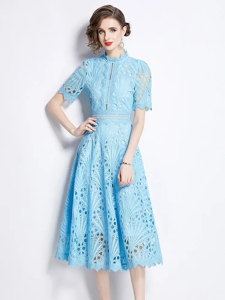 SMTHMA Vintage High-End O-Neck Short Sleeve Lace Hollow Out Dress For Women's Summer Slim Elegant Long Dress Female Clothing