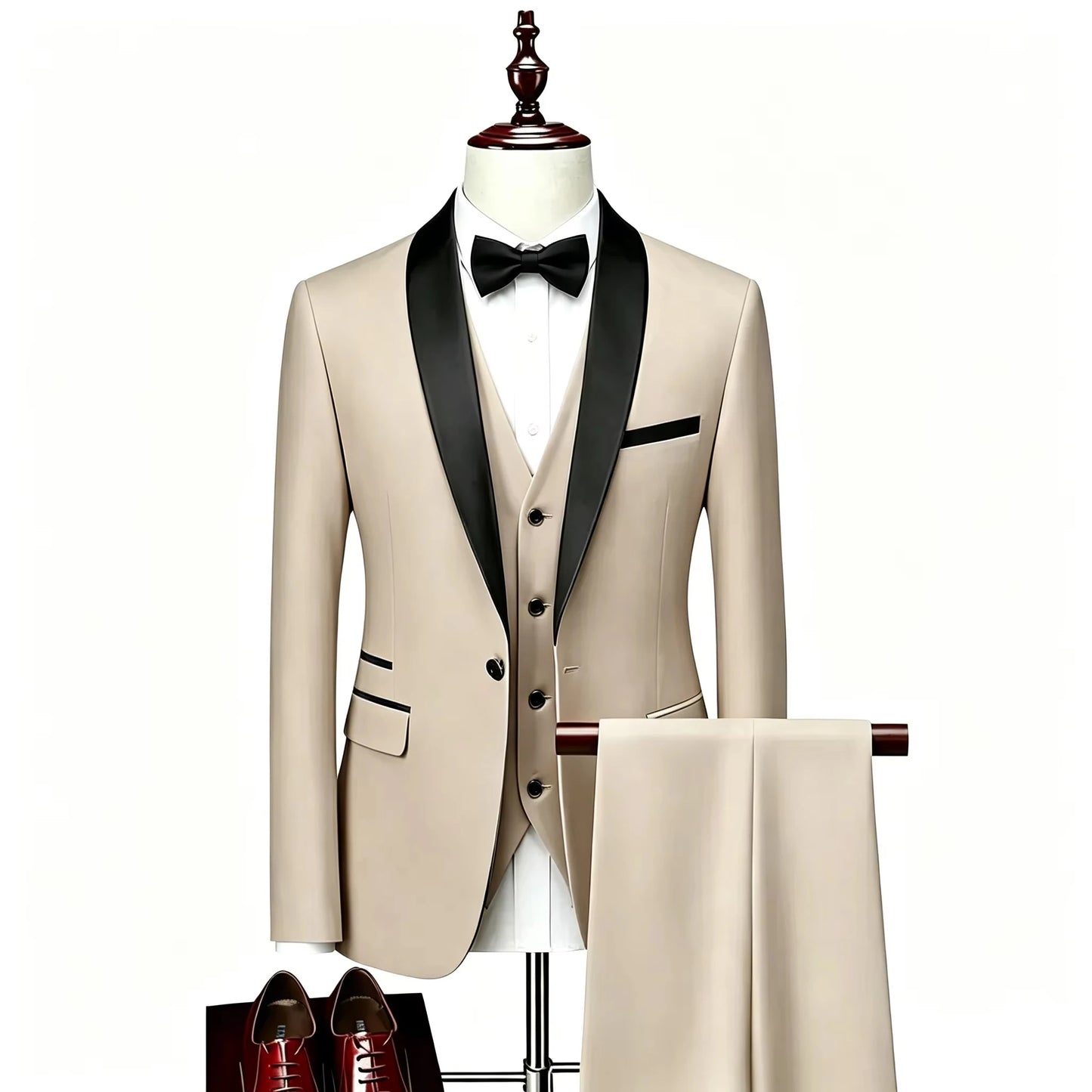( Jacket + Vest + Pants ) Men's 3 Piece Tuxedo Suit Set, Beige Blazer with Black Shawl Lapel for Wedding, Groom, Formal Party