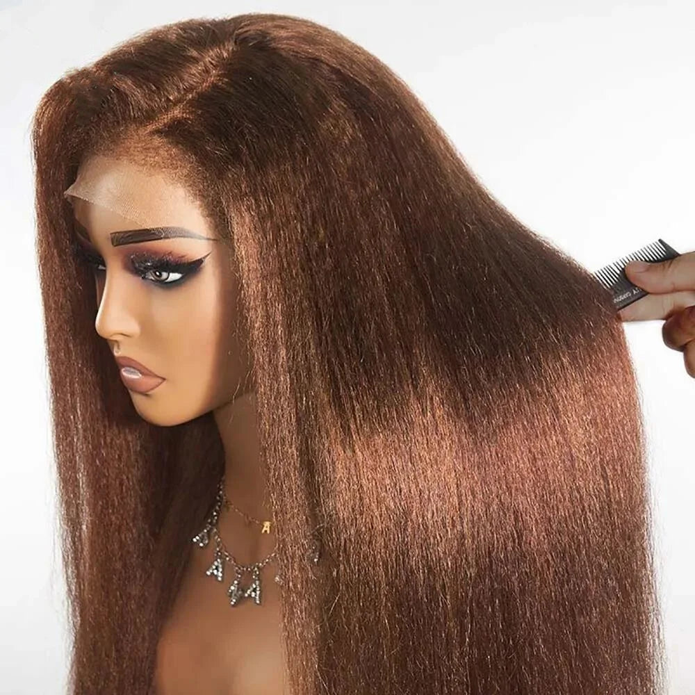 180Density Soft 26“Long Kinky Straight Yaki Soft Brown Preplucked Lace Front Wig Synthetic For Women Heat Resistant Glueless