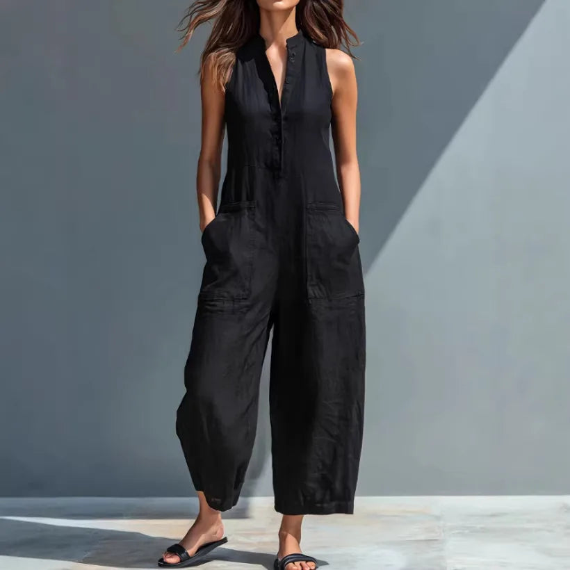 Summer Casual Sleeveless Stand Up Collar Pocket Jumpsuits Women Macacão Feminino Combinaison Femme Monos De Mujer Casuales