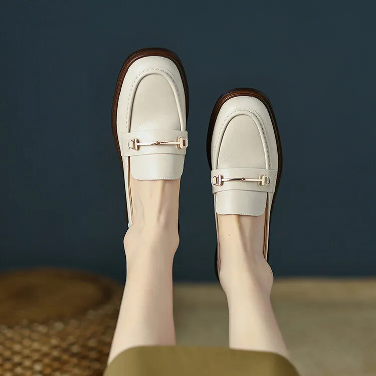 Ochanmeb Natural Leather Loafers Flat Shoes Women Brand Metal Chain Round Toe Slip-ons Flats Ladies Casual Creepers Moccasins 40