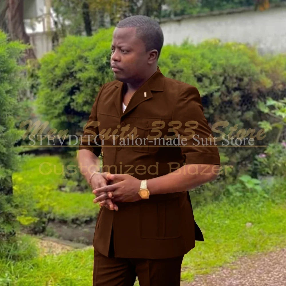Safari Men Suits with Short Sleeve 2 Pieces Single Breasted Stand Notch Lapel African Fashion Style Set Jacket Pants