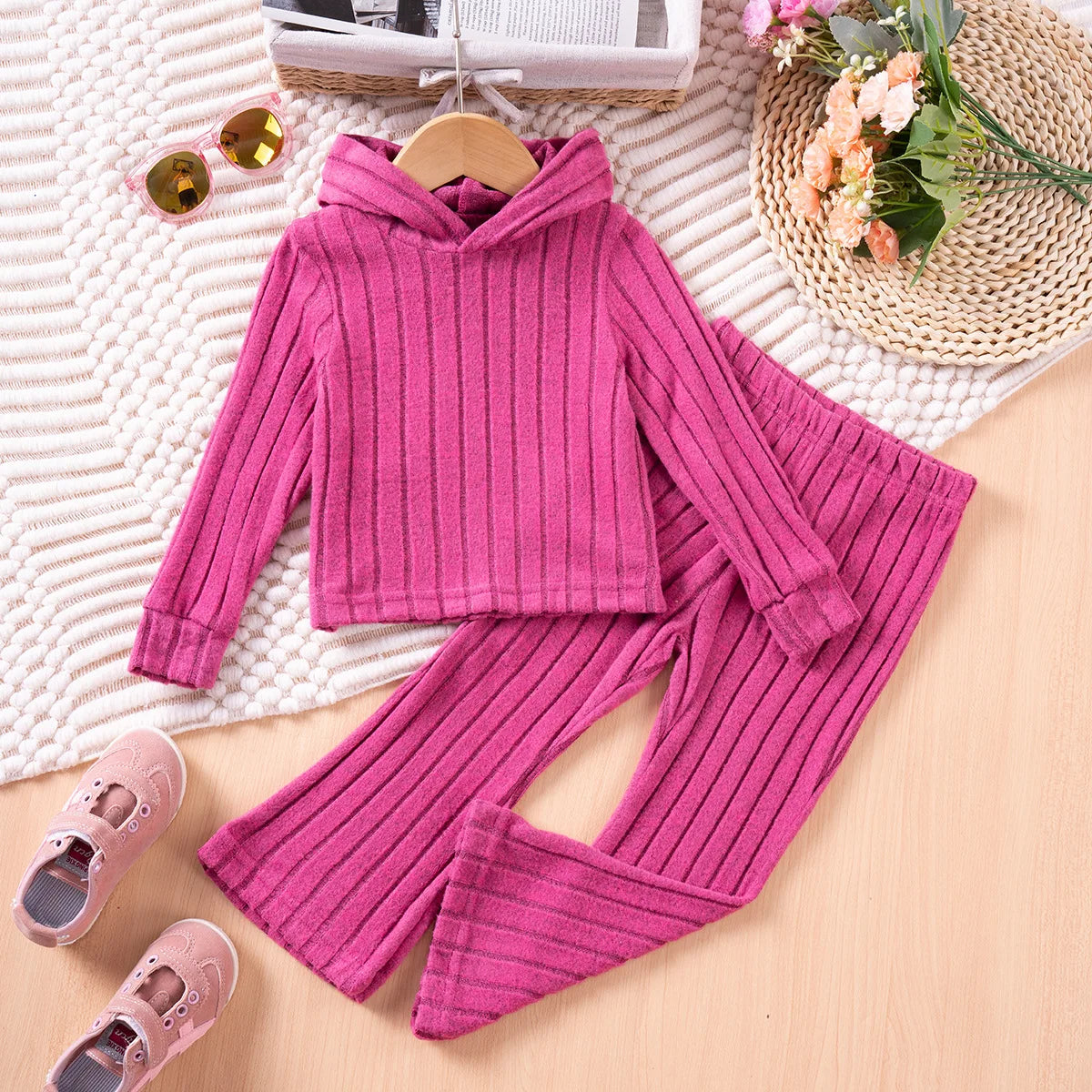 Girls Children Outfit Set Hooded Knit Sweater Long Sleeve Solid Pants Casual Clothing for Kids Toddler Daily Wear Autumn Spring