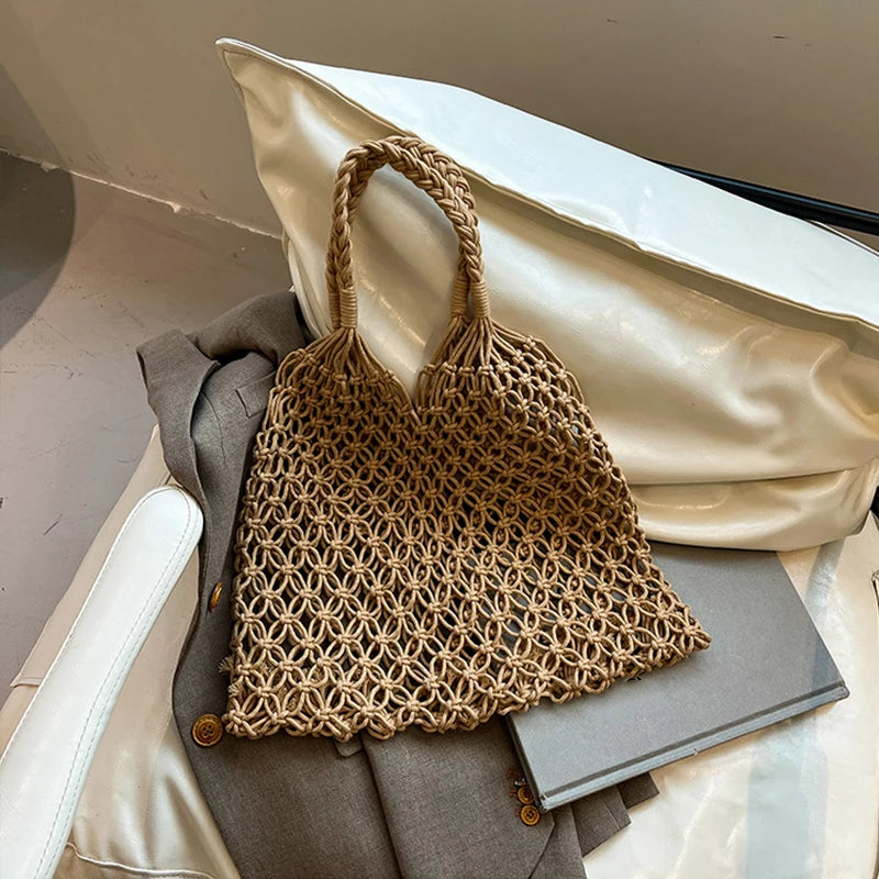 Hand-Woven Bag Women Handmade Hollow Handbag Female Shoulder Bag Big Capacity Summer Casual Travel Beach Tote Purse