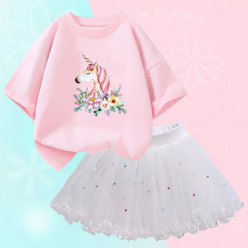 Dresses For Girl Summer Fashion Wear Outfit Kids T-Shirt Suit Unicorn Party Baby Costumes For Children Tulle Tutu Skirt Clothing