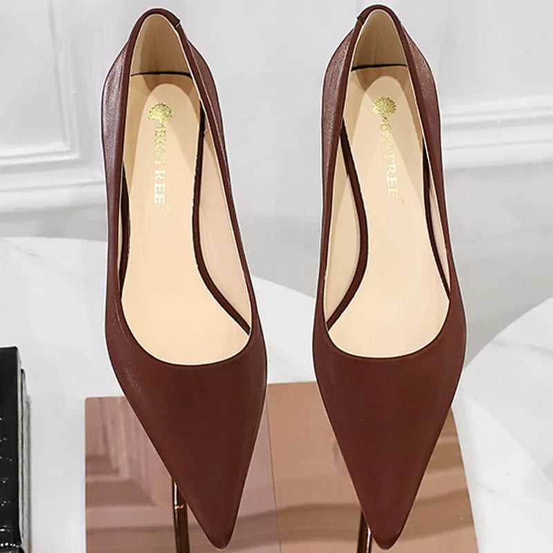 New Big Size Women's Boat Shoes Leather 4.5cm High Heels Pointed Toe Pumps Stilettos Basic Pump For Female White Black Wine Red