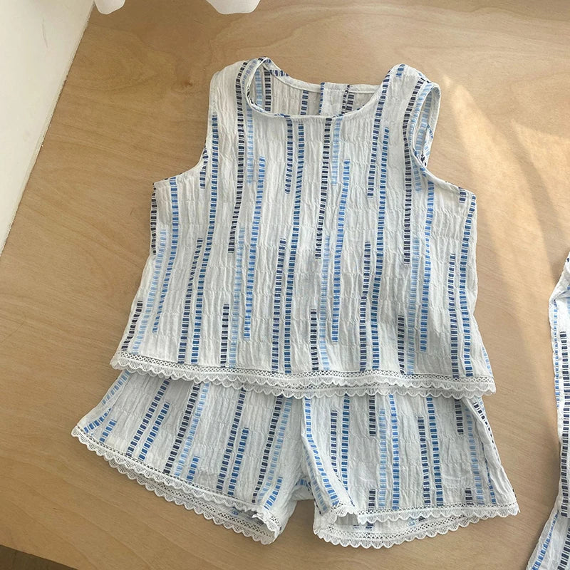Summer Children's Vest Set Girls Lace Top Suit Kids Embroidered Striped Tank Top and Shorts 2Pcs Boys Casual Suit Sibling Outfit
