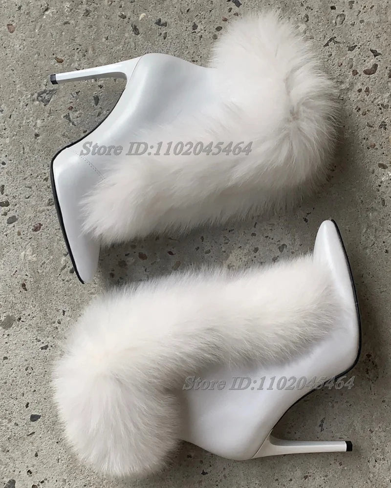 White Furry Sexy Leather Ankle Boots Women's Pointy Toe High Heels Big Size Booties Luxury Designer Party Winter New in Shoes