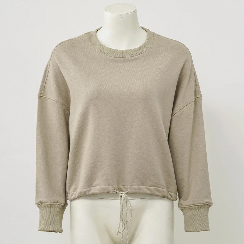 100% Cotton Women's Drawstring Sweatshirt Autumn New Casual Solid Long Sleeved Korean Fashion Streetwear Female Pullover