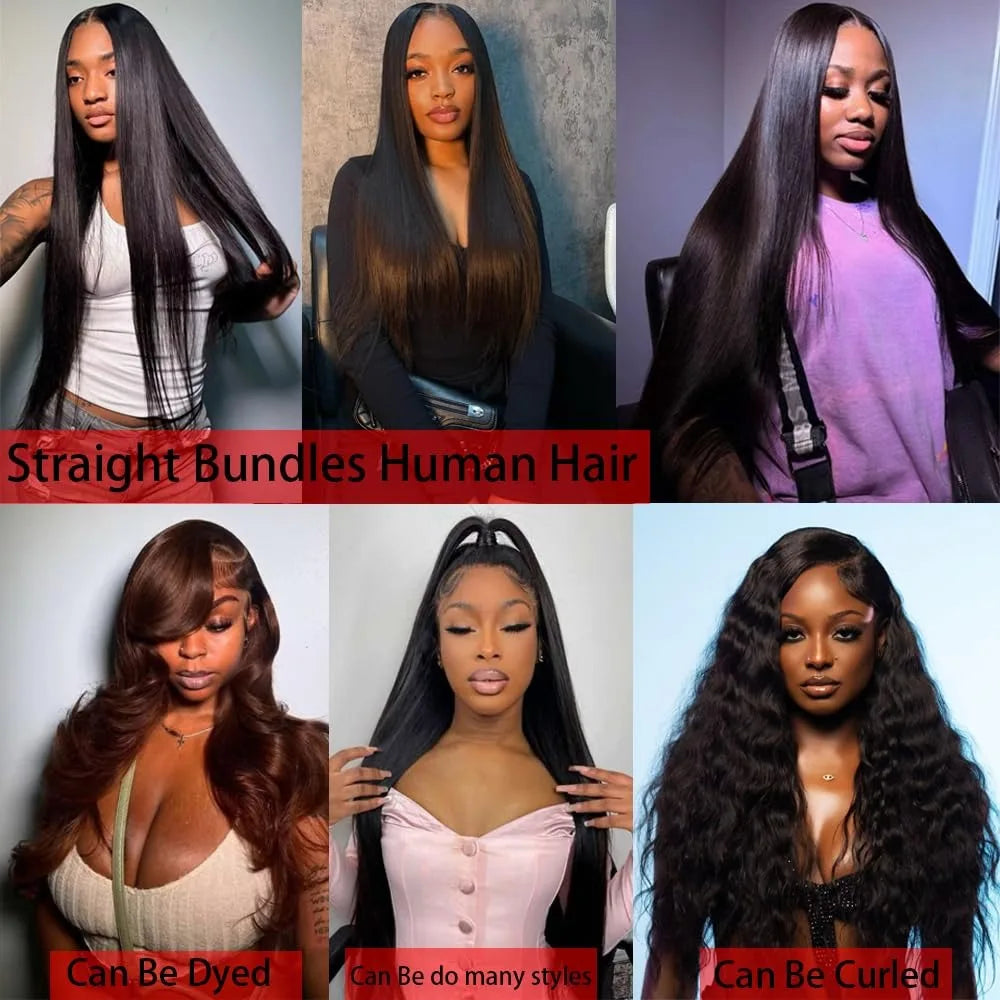 Human Hair Bundles Straight 12-32Inch Unprocessed Brazilian Hair Weave 3 Bundles Silky Black Hair Extensions Raw Quick Weave