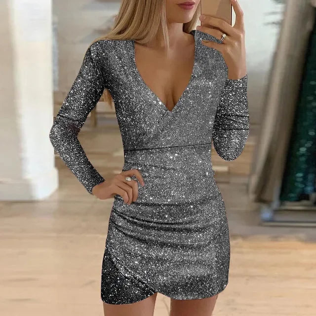 Dresses For Women Sexy Deep V-Neck Sequin Mini Bodycon Dress Long Sleeved Sparkly Prom Gown Elegant Party Evening Dresses