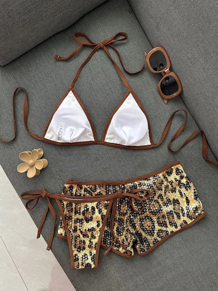 Swimwear Woman 2026 New Leopard Print Sequin Bikinis Sets Female Summer Sexy Straps Beach 2 Piece Set Bathing Suit