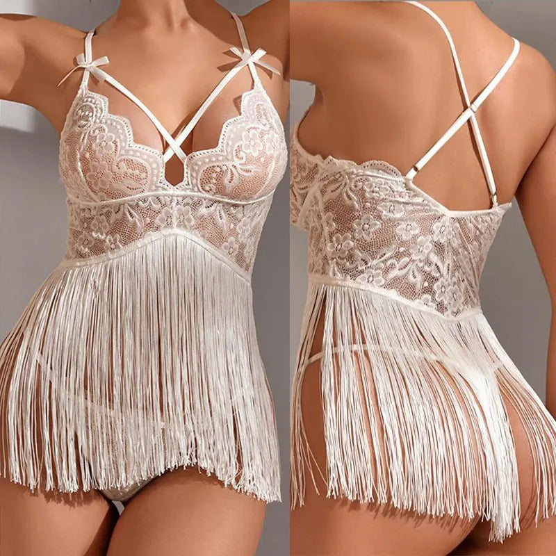 Sexy Women Night Dress Sleeveless Backless Porno Pajamas Floral Lace Erotic Nightwears+Thongs Sexy Short Transparent Dresses