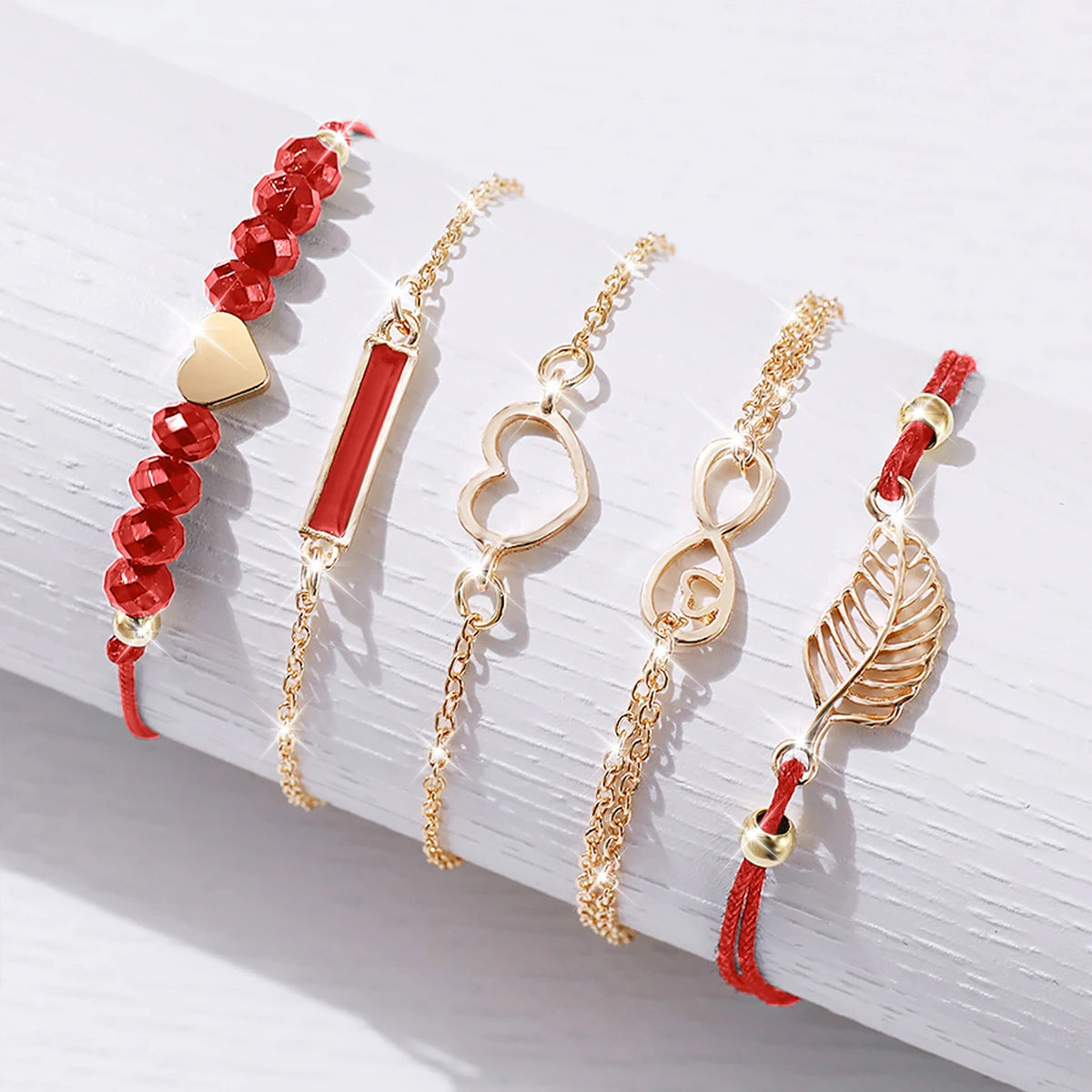 6PCS/Set Women's Watch Fashion Roma Heart Dial Leather Band Quartz Watches Leaf Bracelets Set(Without Box)