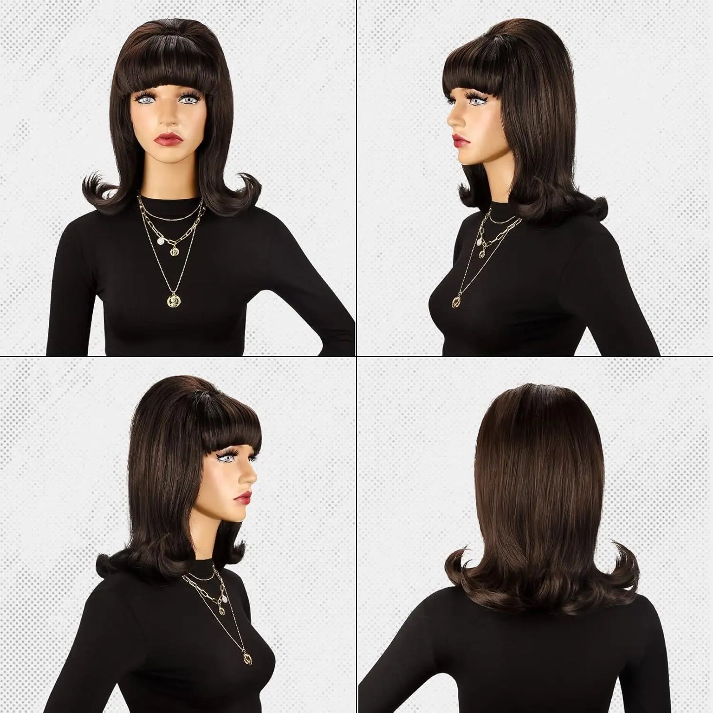 Retro Brown Wig 50S 60S 70S Ladies with Bangs Wig Halloween Costume Party Synthetic Hair