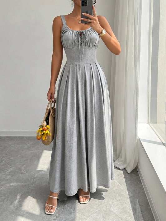 Elegant High-Waisted A-Line Maxi Knit Dress with Front Pleats and Tie Detail