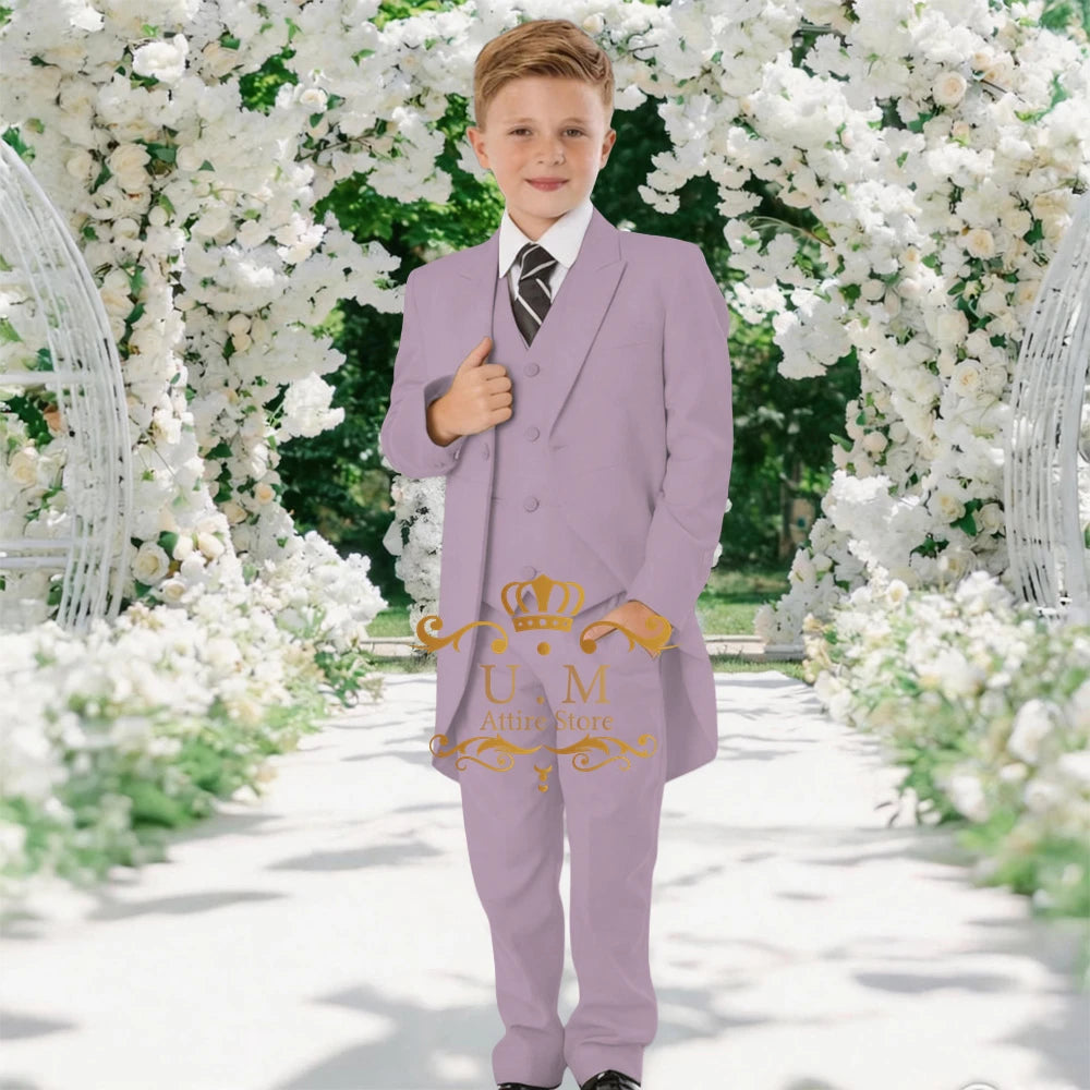 Custom Boys' 3-Piece Tuxedo Set Long Jacket Black Vest Pants Slim Fit Suit for Wedding Birthday Party Children Performances