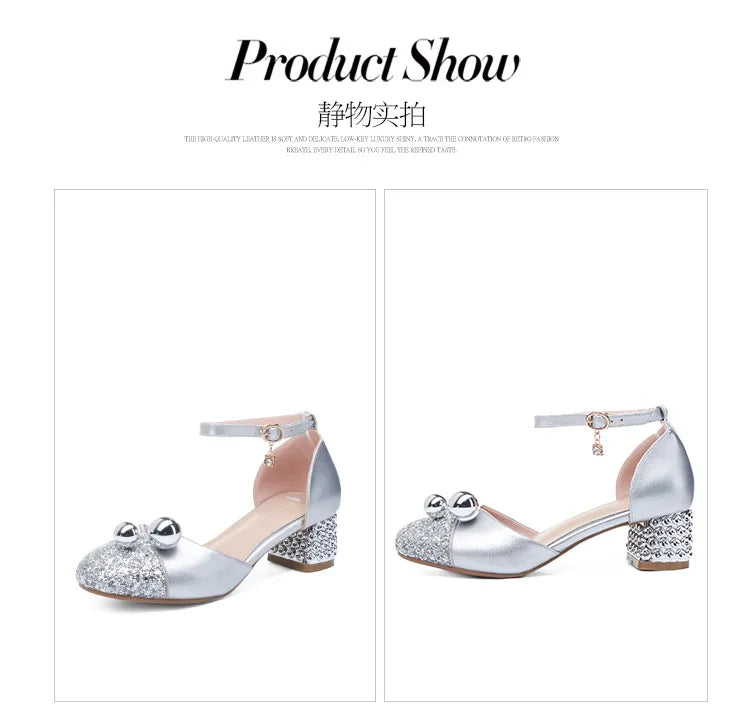 Princess Kids Leather Shoes Girls Sandal Sweet Pearl Casual Glitter Children High Heels Girls Party Dance Shoes Pink Gold Silver
