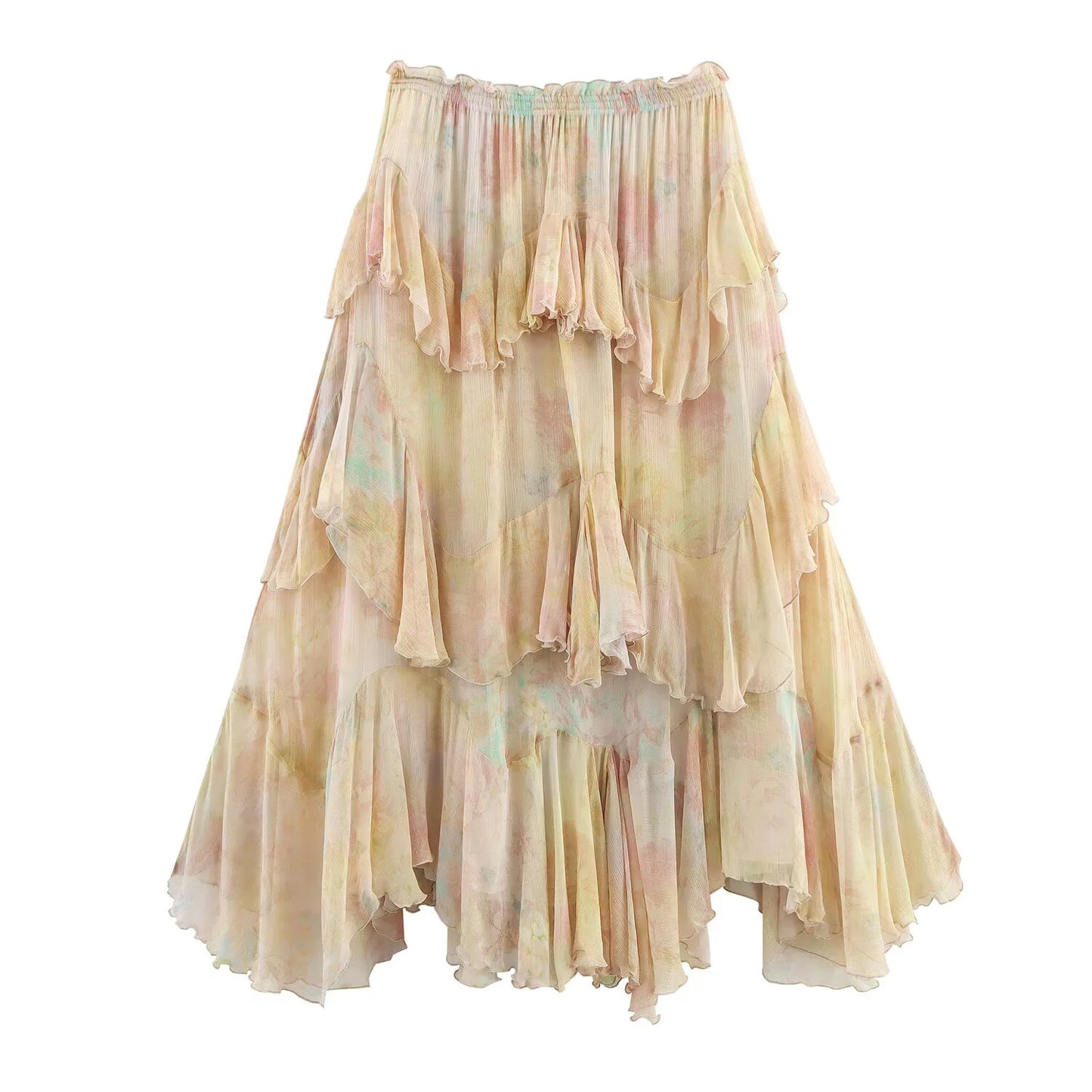 European and American style 2025 summer new women's clothing design sense printed layered decoration long skirt