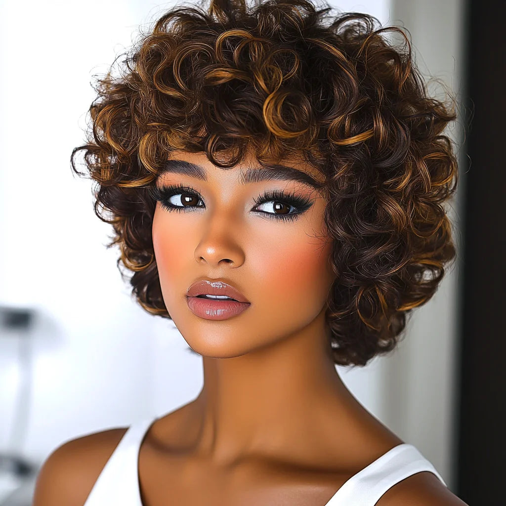 Sleek Short Human Hair Wigs 100% Remy Brazilian Curly Human Hair Wig 10 Inch Water Wave  Wig Natural Black Wigs For Black Women