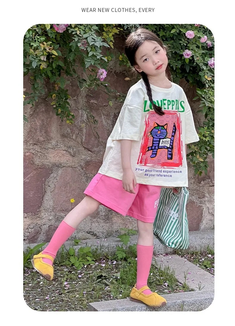 2026 New Children's casual Set Summer fashion girls' internet-famous sporty short-sleeved pants summer wear 4-14Years old girls