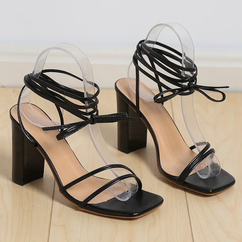 2024 women's summer oversized women's shoes wearing square toe tie up high heels, cross tie up sandals women's slippers