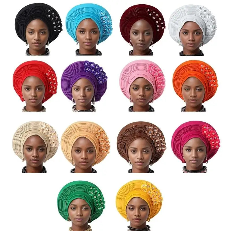 39BD African Turban Headwrap for Female Fashion Formal Head Scarf Bonnet Hat Turban Ethnic Flower Head Turban Nigerian Hat