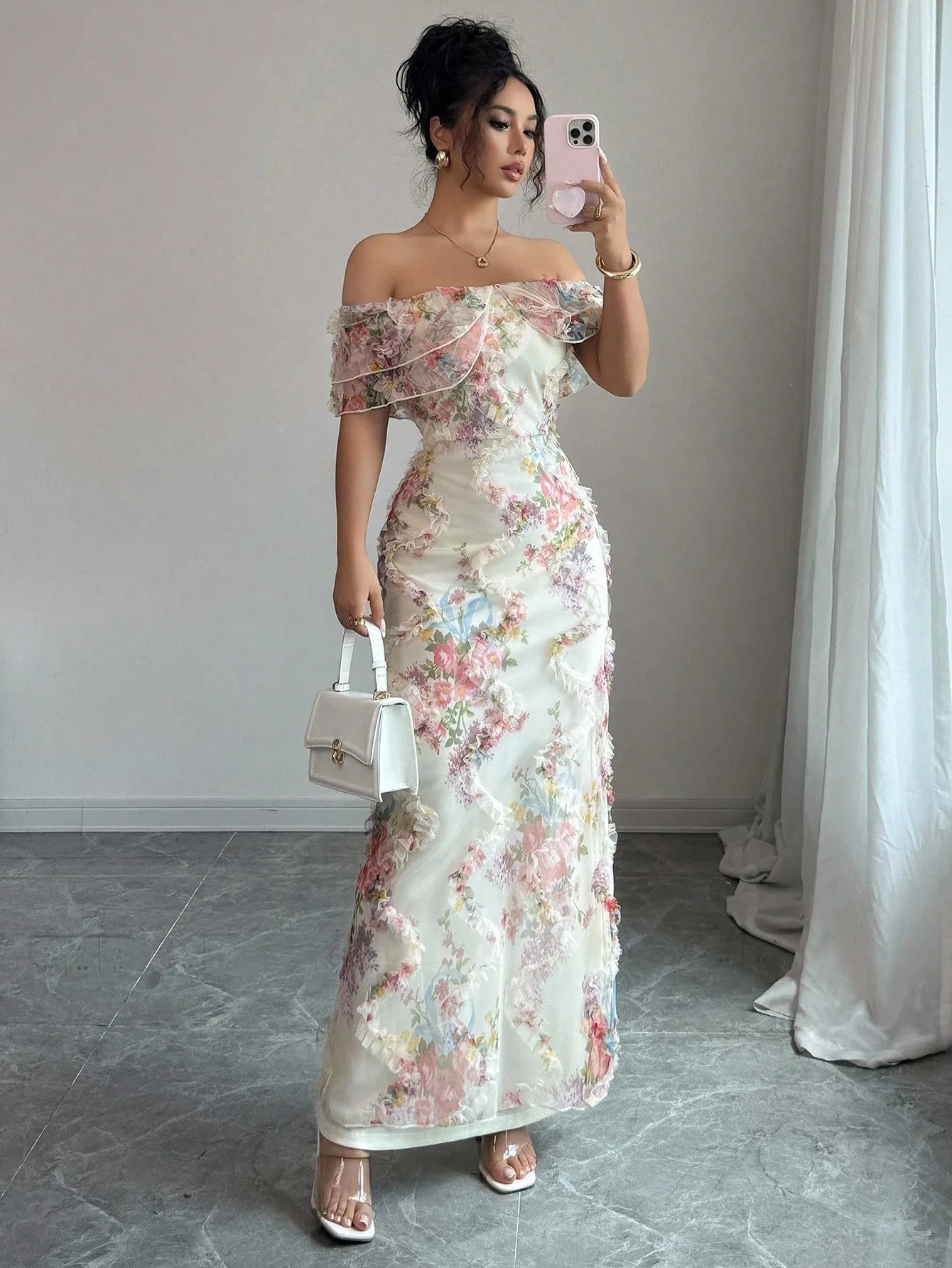 Women's Dresses Elegant and Romantic Ruffled Dress Ladies Sexy Off-the-Shoulder Fitted Mesh Floral Dress Party Gown for Female