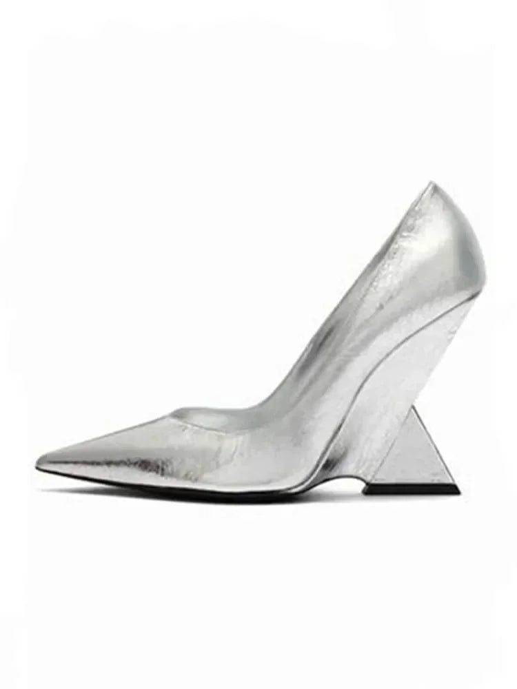 Summer 2024 New High Heels Thick Sole Thick Heel Lacquer Leather Shallow Mouth Pointed Fashion Sexy Women's Oversized Shoes