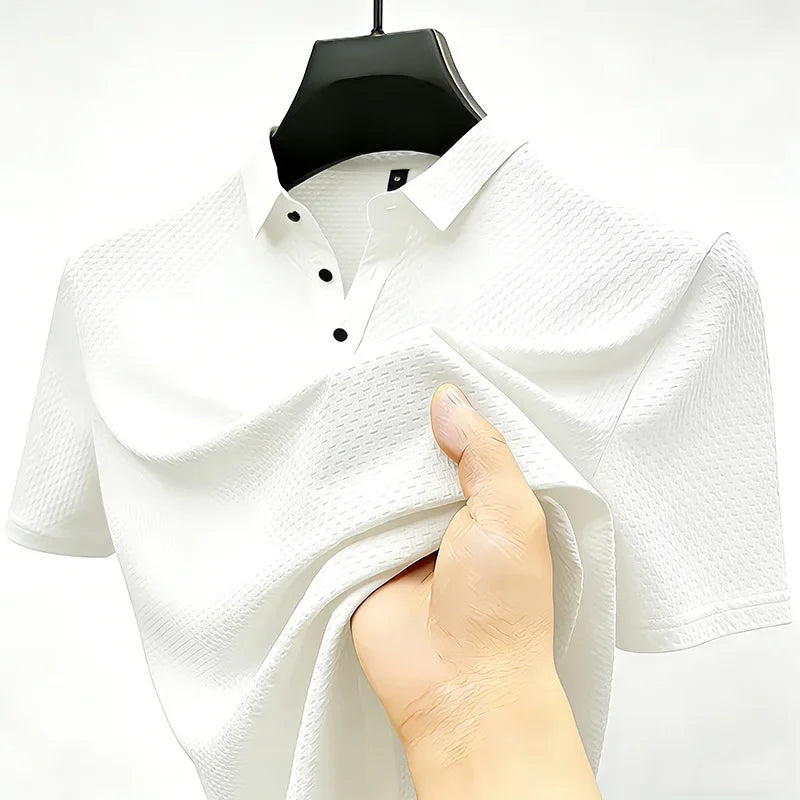 Men's Solid Color Short Sleeve Polo Shirt With Waffle Weave Design Fashionable Turn Down Collar Base Layer Ideal  Hiking Running