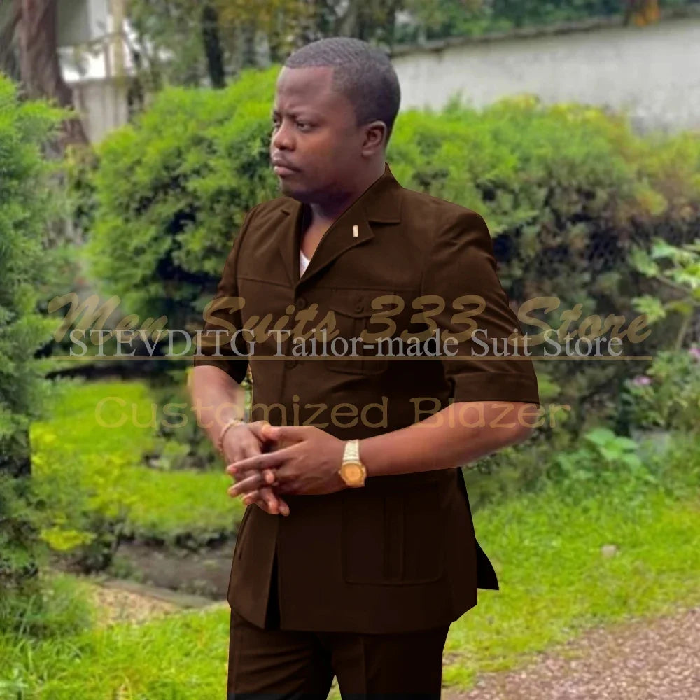 Safari Men Suits with Short Sleeve 2 Pieces Single Breasted Stand Notch Lapel African Fashion Style Set Jacket Pants