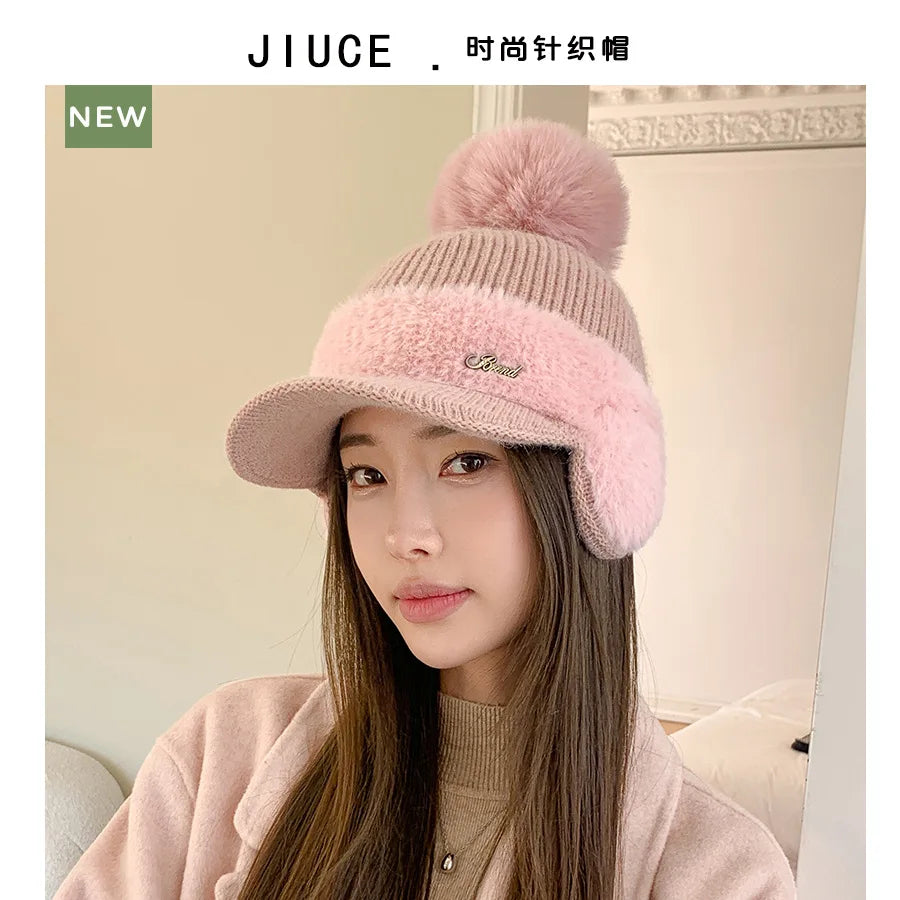 Winter Caps Patchwork Mink Fur Ear Protection Plush Hat Fashionable Solid Color Simple Wool Ball Knitted Hat For Women Cap BAZAARHUBO