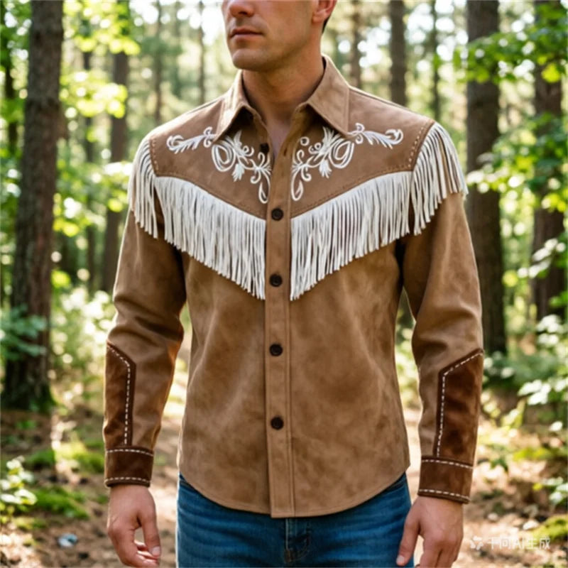 New Men's Tassel Fur Jacket, Western Denim Long Sleeved Jacket, Motorcycle Style Fashionable Patchwork Lapel Top, European Sizes