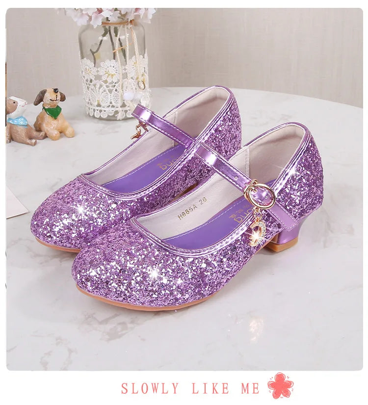 Classic Children High Heels Leather Shoes Fashion Sequins Elegant Kids Girls Wedding Shoes Princess Party Dress Single Shoes