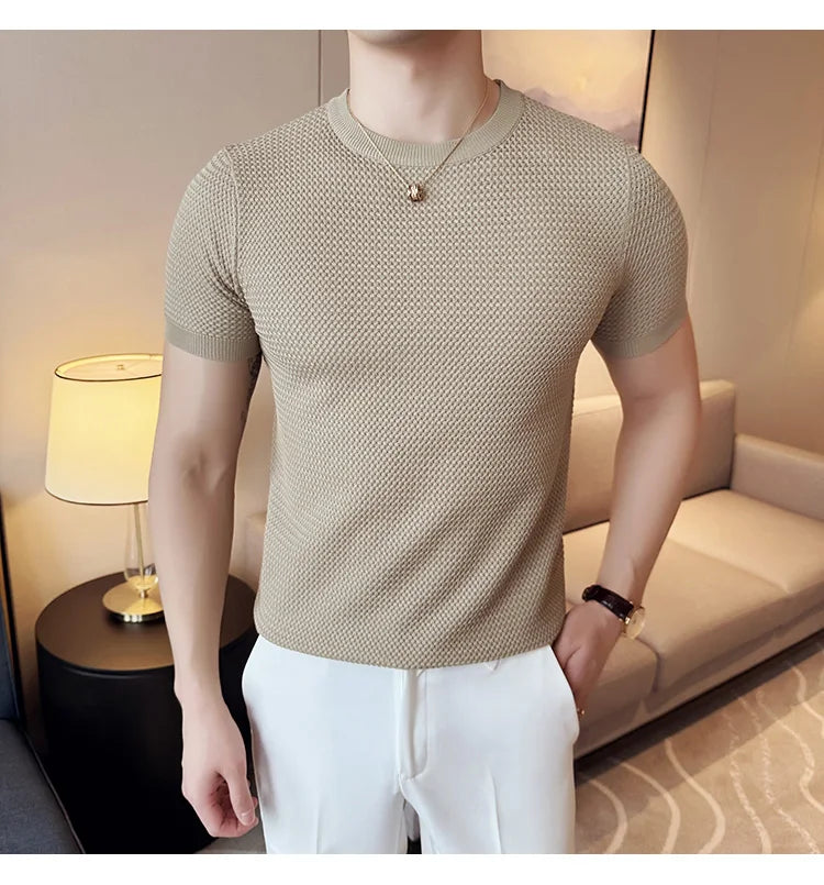 Summer Breathable T-Shirts For Men Korean Luxury Clothing O-Neck Short Sleeve Knitted Men's T Shirt Fashion Hollow Tops&Tees 3XL