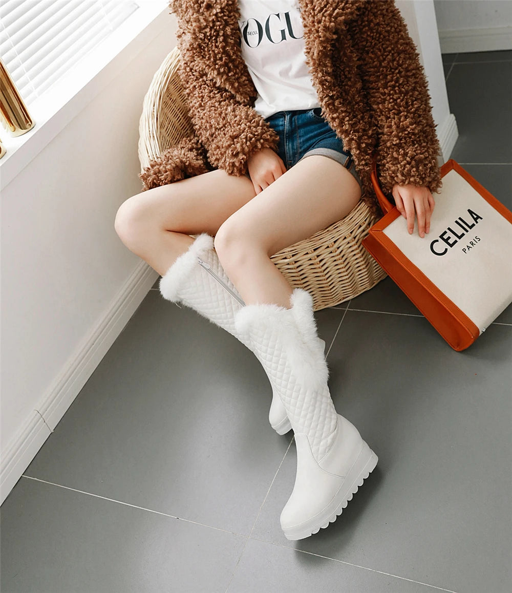 Winter Warm Fur Knee High Boots Womens Platform Snow Boots High Heels Female Padded Shoes  High Boots  Free Ship Big Size 41