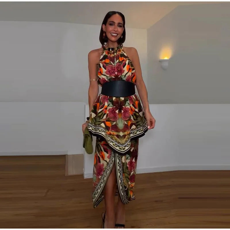 Halter Neck Floral Print Split Set Sleeveless Casual Top Tropical Wrap Slit Maxi Skirt 2026 Summer Bohemian Holiday Women Outfit