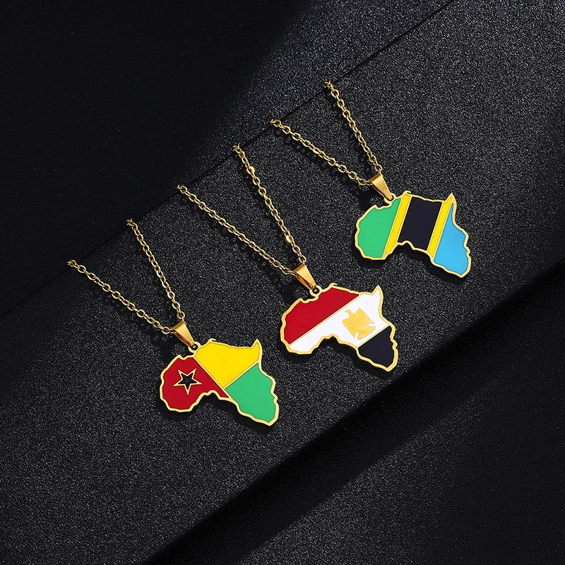 African Map Flag Pendant Necklace Stainless Steel Men Women Rwanda Sudan Uganda Zimbabwe Zambia Ethnic Maps Jewelry Gift