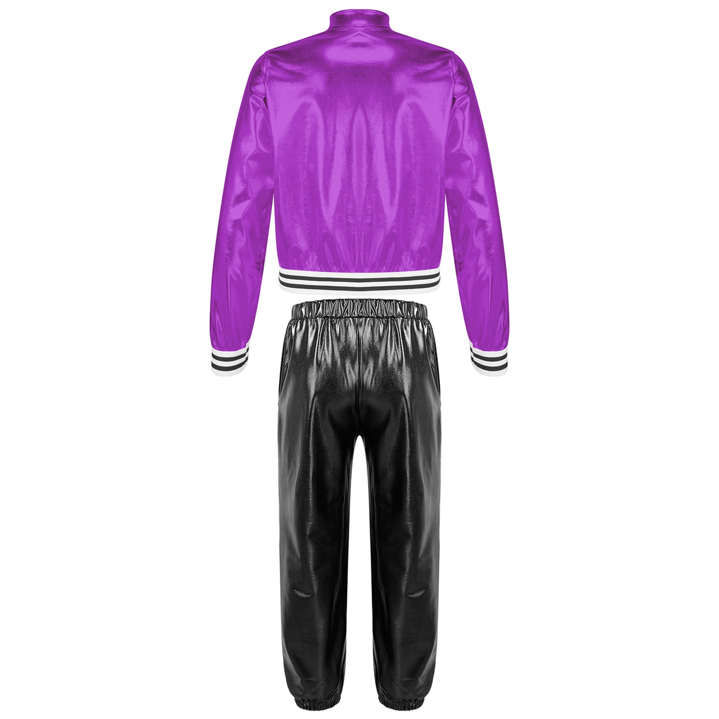Kids Girls Sports Outfits Jazz Hip Hop Street Dance Costume Shiny Metallic Long Sleeves Bomber Jacket Coat with Pants Streetwear