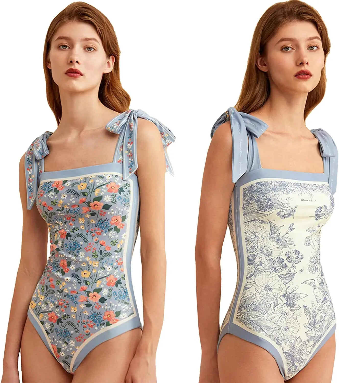 Y2K Floral One Piece Swimsuit Reversible Tie Shoulder Monokini Tummy Control