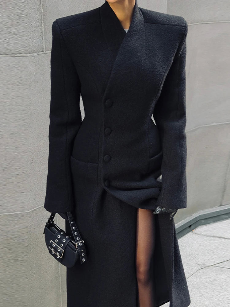 Elegant Long Coat Women V-neck Solid Slim Single-breasted Waist-closed Jackets Lady 2026 Spring Chic Female Streetwear