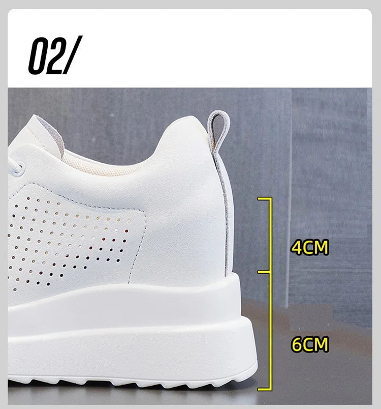 10cm Genuine Leather Women Vulcanize Women Summer Hidden High Heels Platform Wedge Spring Autumn Chunky Sneakers Shoes