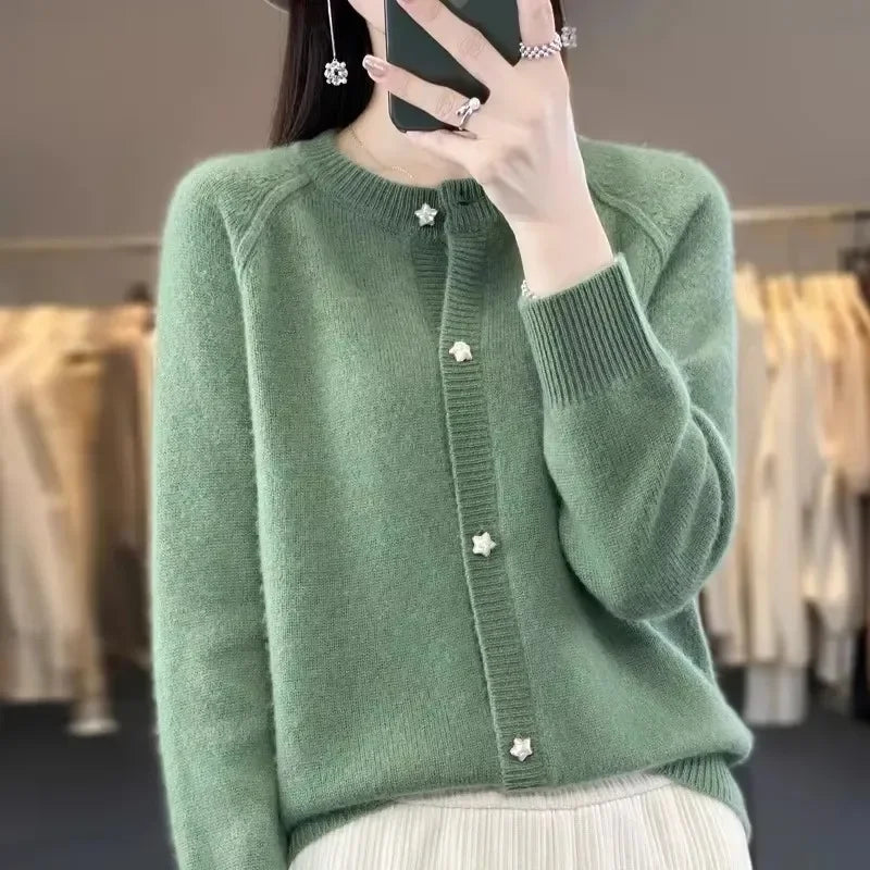 New Women Cardigan Sweater Autumn/Winter Round Neck Star Button Solid Knit Bottoming Shirt Jacket Quality Knitwear Female Tops
