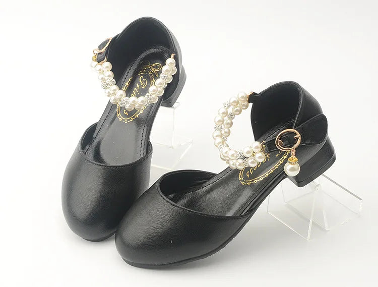 Pink Black White Party Wedding Shoes Children's High Heels Girl Shoe Elegan Pearl Princess Dress Girls Heel Shoes Child 2024 New