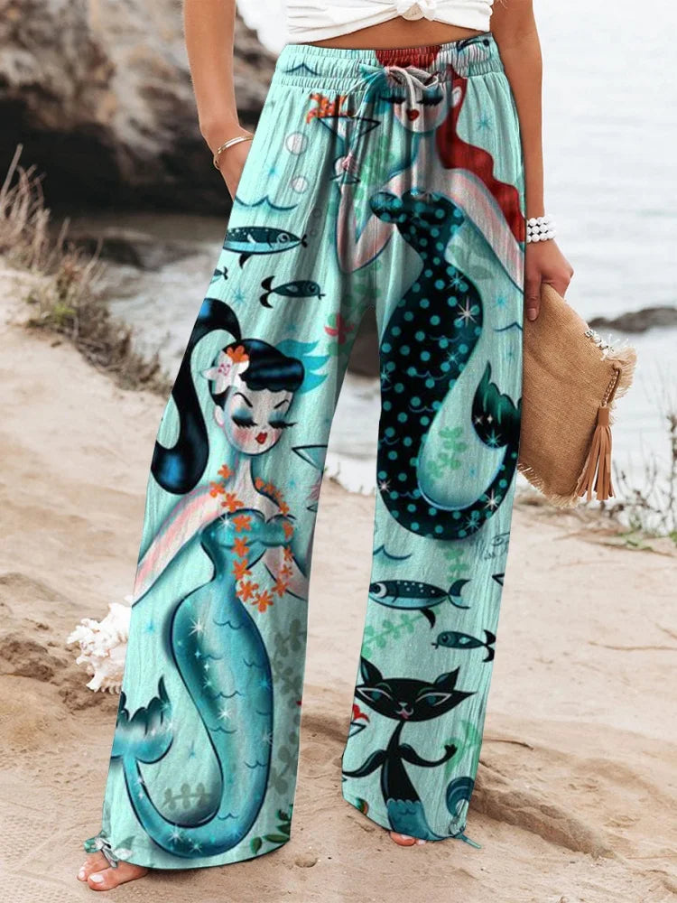 2025 New Women's Drawstring Relaxed-Fit Casual Pants 3D Floral Print Comfortable Breathable Fashionable Wide-Leg Pants