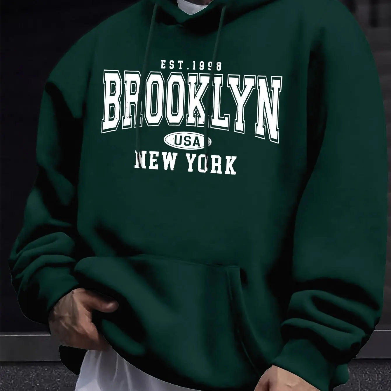 Men's autumn and winter casual fashion loose Brooklyn New York letter printed long sleeved hooded sweatshirt warm pullover BAZAARHUBO