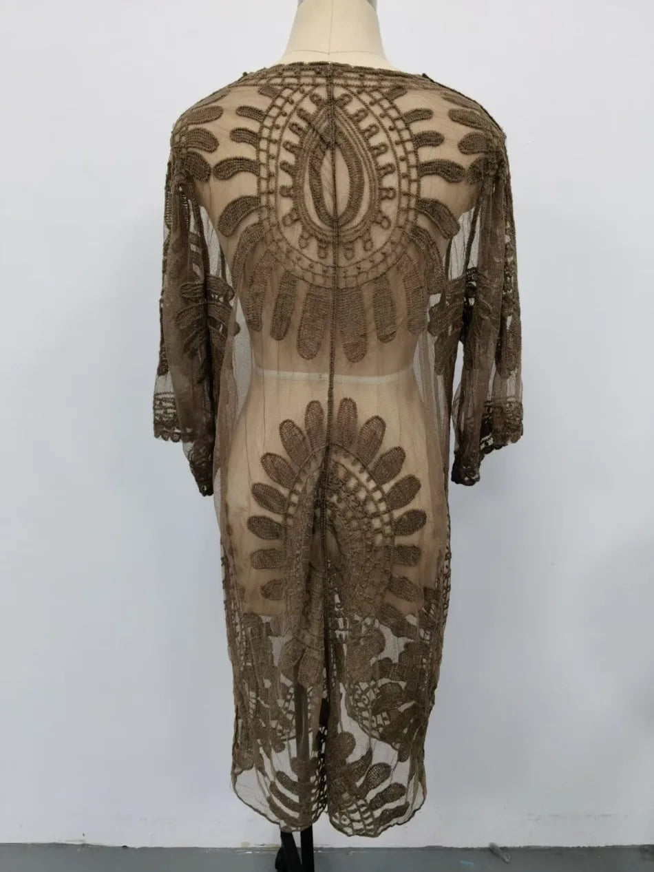Women Lace Beach Kimono Bikini Cover Up Bathing Suit Female Summer Floral Embroidery See-Through Swimsuit Crochet Beachwear